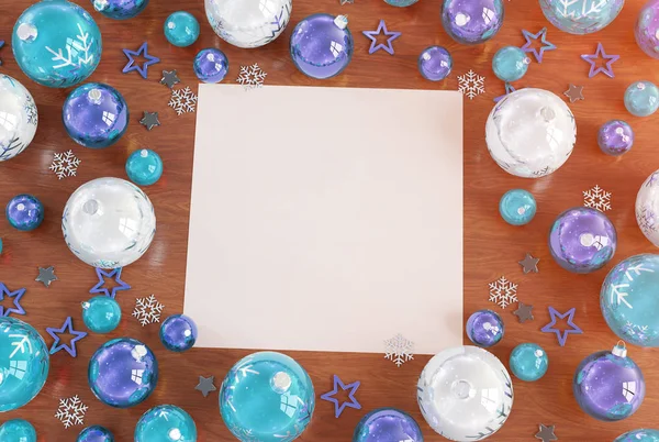 青いつまらない レンダリングを木製のデスクトップにクリスマス カード モックアップ — ストック写真