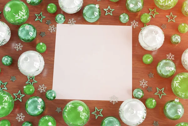 Karácsonyi Kártya Makett Fából Készült Asztal Zöld Baubles Leképezés — Stock Fotó