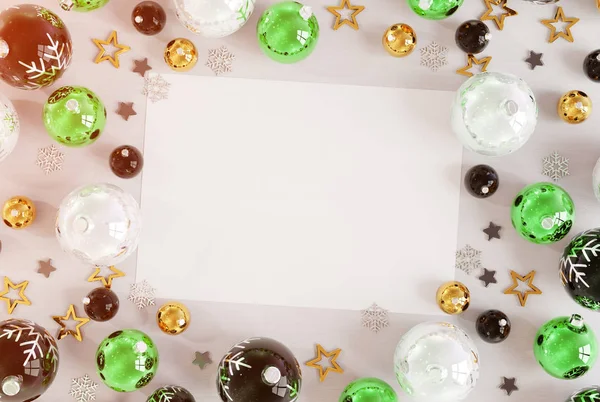 クリスマス カード緑つまらない レンダリングで白い木製のモックアップ — ストック写真