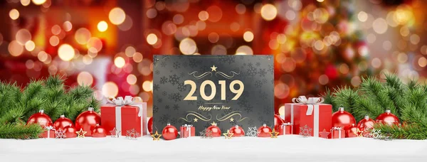 2019 Felicitaciones Tarjeta Que Pone Bolas Rojas Regalo Sobre Fondo — Foto de Stock