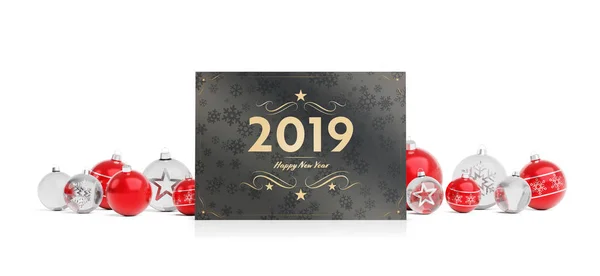 2019 Felicitaciones Tarjeta Que Pone Bolas Rojas Aisladas Representación Fondo — Foto de Stock