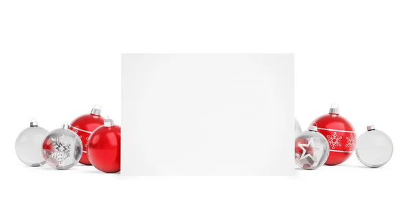 Üres Karácsonyi Kártya Szóló Piros Baubles Elszigetelt Fehér Background Leképezés — Stock Fotó