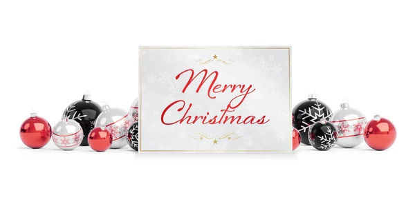 Χριστουγεννιάτικη Κάρτα Χαιρετισμούς Τοποθέτηση Κόκκινα Στολίδια Που Απομονώνονται Λευκό Φόντο — Φωτογραφία Αρχείου