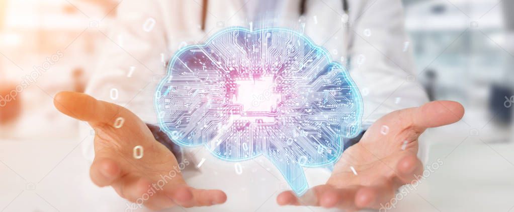 Doctor on blurred background creating artificial intelligence interface 3D rendering