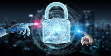 Arka plan bulanık 3d render robot tarafından kullanılan web güvenlik koruma arayüzü