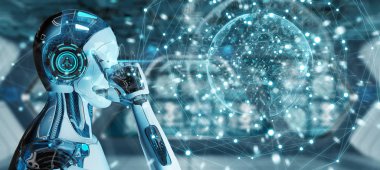 Dijital ekran arabirimi 3d rendering kullanarak arka plan bulanık beyaz erkek robot