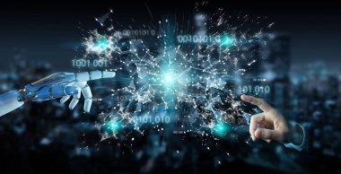 Beyaz insansı el bulanık arka plan dijital dünya hud arabirimi 3d işleme kullanarak