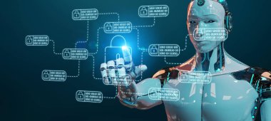 Kesmek ve özel siber veriler erişme bulanık arka plan üzerinde beyaz robot