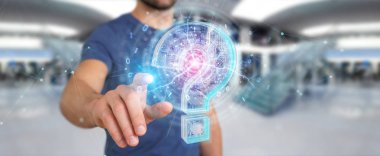 İşadamı bulanık arka plan dijital soru işaretleri 3d render ile sorun çözme