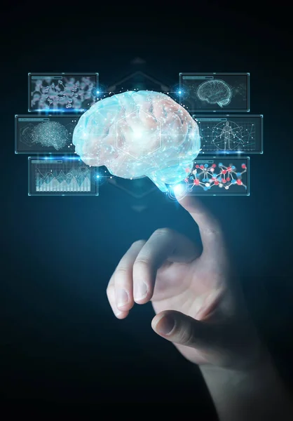Бізнес Леді Розмитому Фоні Використанням Цифрової Проекції Рендерингу Людського Мозку — стокове фото