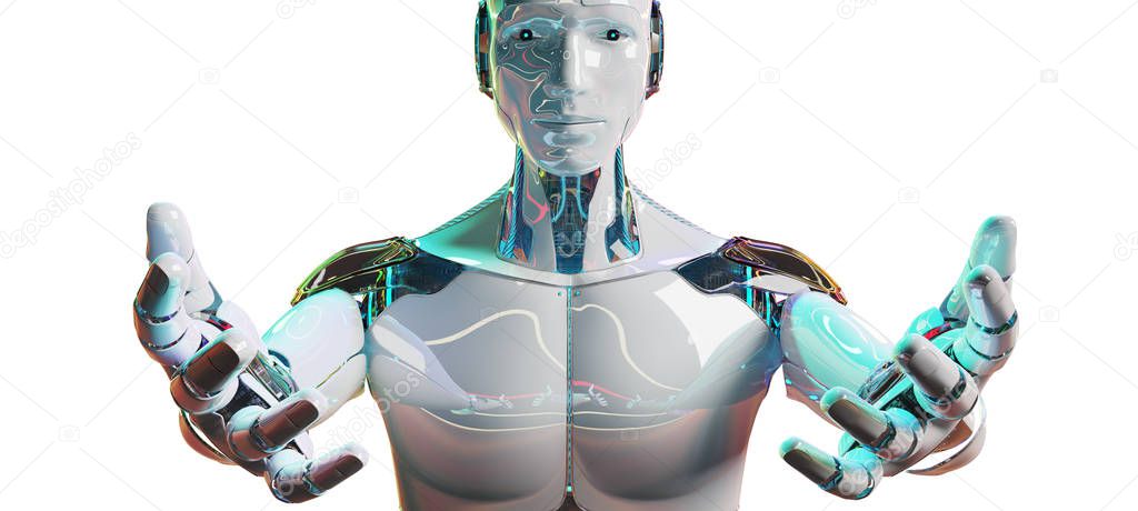 White male cyborg opening his two hands isolated on white background 3D rendering