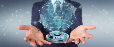 İşadamı üzerinde küre ağ ile dijital bağlantı 3B oluşturmayı kullanarak arka plan bulanık