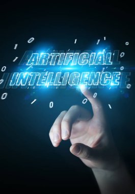 İşkadını dijital yapay zeka metin hologram 3B oluşturmayı kullanarak arka plan bulanık üzerinde