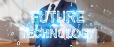 Geleceğin teknolojisi metin arabirimi 3d rendering kullanarak arka plan bulanık üzerinde işadamı