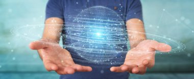 İşadamı dijital küre bağlantısı hologram 3B oluşturmayı kullanarak arka plan bulanık üzerinde