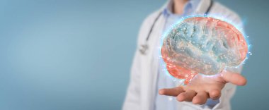 Dijital beyin taraması hologram 3B oluşturmayı kullanarak arka plan bulanık doktor