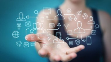 İşkadını üzerinde ince çizgi sosyal ağ simgeleri arabirimini kullanarak arka plan bulanık