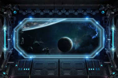 Karanlık uzay gemisi iç alanı 3d render büyük pencere manzaralı