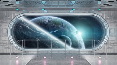 Beyaz teknik uzay gemisi yuvarlak pencere iç uzak sistem 3d işleme öğeleri Nasa tarafından döşenmiş bu görüntünün üzerinde manzaralı