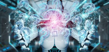 Cyborg bulanık arka plan dijital soru işaretleri 3d render ile sorun çözme
