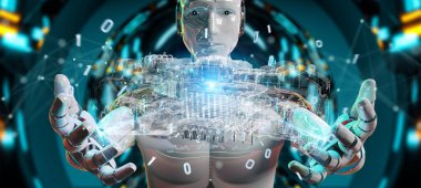 Cyborg tel kafes sanal 3d dijital projeksiyon bir Engine kullanarak arka plan bulanık üzerinde