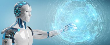 Dijital üçgen küre hologram 3d render patlayan kullanarak arka plan bulanık beyaz robot