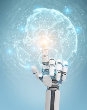 Dünya ağ hologram Amerika ABD harita 3d render ile kullanarak arka plan bulanık beyaz robot el