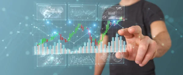 Üzletember Renderelés Tőzsdei Adatok Diagramok Segítségével Elmosódott Háttér — Stock Fotó