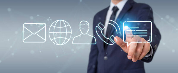 Businessman on blurred background using thin line contact icon