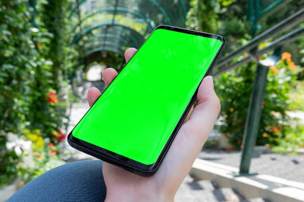 Mujer Sosteniendo Teléfono Inteligente Moderno Una Maqueta Del Parque — Foto de Stock