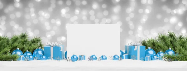 Lege Kerstkaart Opleggen Blauwe Kerstballen Gift Grijze Achtergrond Rendering — Stockfoto