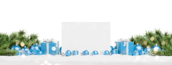 Lege Kerstkaart Opleggen Blauwe Kerstballen Gift Witte Achtergrond Rendering — Stockfoto