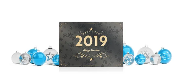 2019 Felicitaciones Tarjeta Que Pone Bolas Azules Aisladas Representación Fondo — Foto de Stock