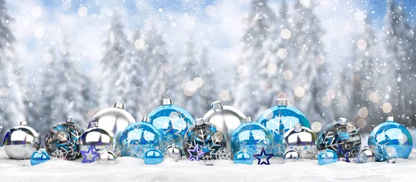 Bola Navidad Azul Plateada Sobre Fondo Nevado Renderizado —  Fotos de Stock