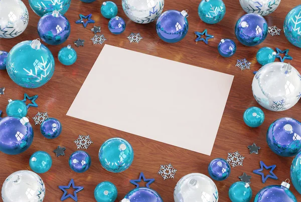 Christmas card mockup on wooden desktop with blue baubles 3D rendering