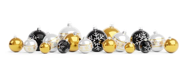 Beyaz Arka Plan Üzerinde Render Izole Altın Siyah Noel Baubles — Stok fotoğraf