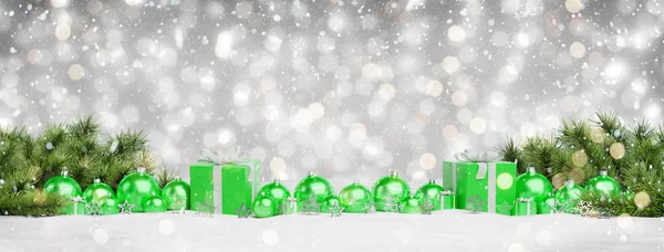 Yeşil Noel Hediyeleri Karlı Gri Arka Plan Render Dizilmiş Baubles — Stok fotoğraf