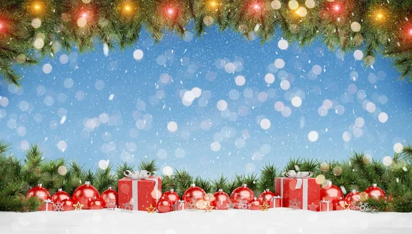 Красные Рождественские Безделушки Подарки Выстроились Синем Фоне Рендеринга — стоковое фото