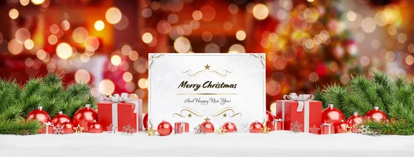 Karácsonyi Kártya Szóló Piros Baubles Ajándék Vörös Háttérben Leképezés — Stock Fotó
