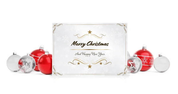 Cumprimentos Cartão Natal Que Colocam Bugigangas Vermelhas Isoladas Fundo Branco — Fotografia de Stock