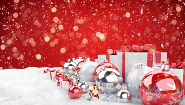 Regalos Adornos Rojos Navidad Alineados Sobre Fondo Rojo Renderizado —  Fotos de Stock
