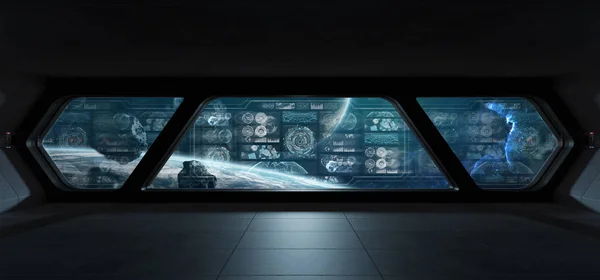 暗太空飞船内部空间与控制面板数字屏幕3D — 图库照片