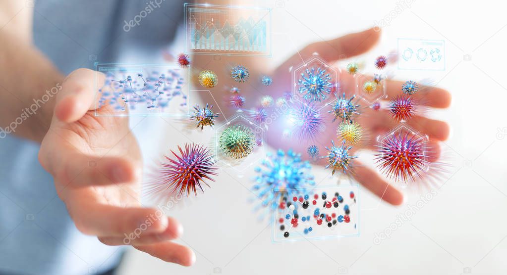 Businessman on blurred background analyzing bacteria microscopic close-up 3D rendering