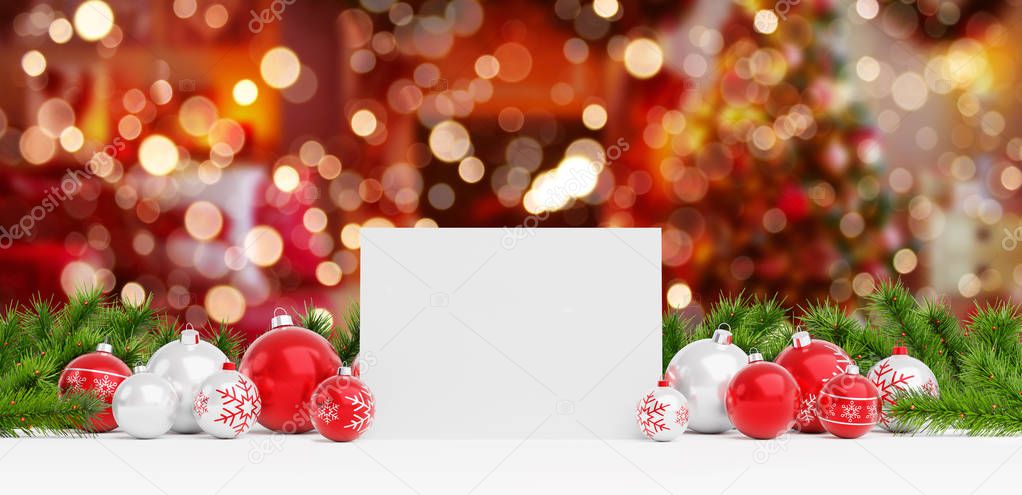 Blank Christmas card laying on red baubles and gift on red background 3D rendering