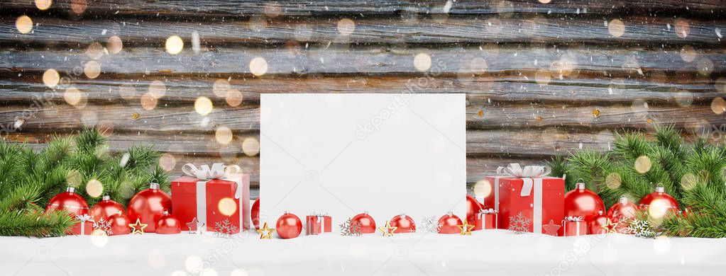 Blank Christmas card laying on red baubles and gift on wooden background 3D rendering