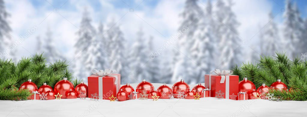Red christmas baubles and gifts lined up on mountain background 3D rendering