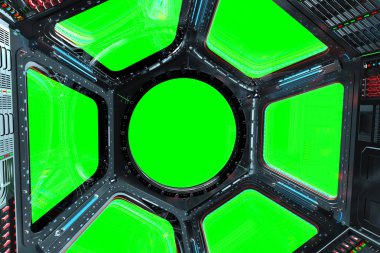 Uzay İstasyonu pencere yeşil arka planlı 3d render