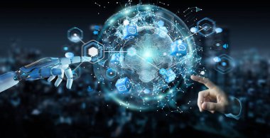 Beyaz robot el dijital ekran arabirimi 3d rendering kullanarak arka plan bulanık üzerinde