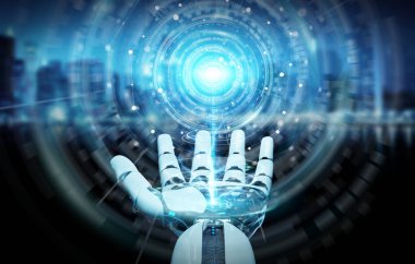 Beyaz insansı el dijital küresel ağ 3B oluşturmayı kullanarak arka plan bulanık üzerinde