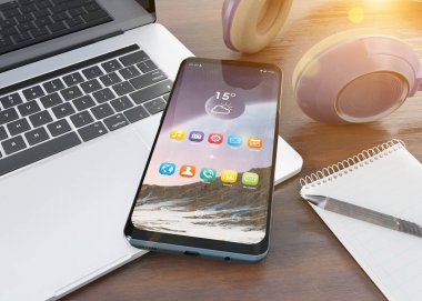 Modern smartphone ahşap masaüstü mockup 3d render döşeme